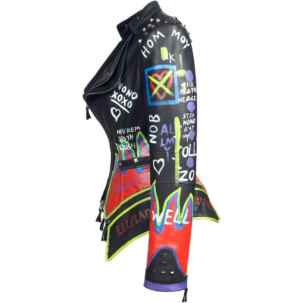 Women's fashion studs Faux Leather Motorcycle jacket, graffiti punk, Black, XS - Picture 2 of 6